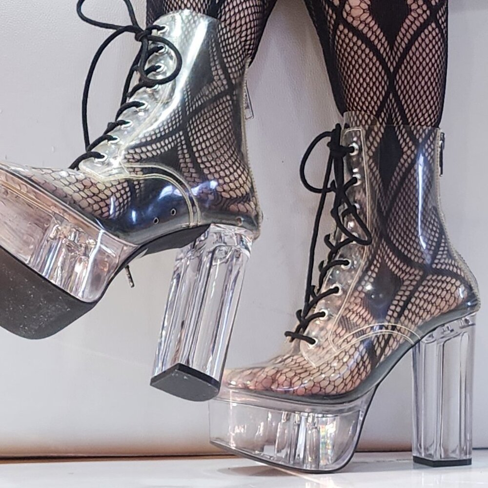 💥KILLER BOOTS!💥DOLLS KILL CURRENT MOOD TRANSPARENT PLATFORM LACE -UP BOOTS - Picture 11 of 16